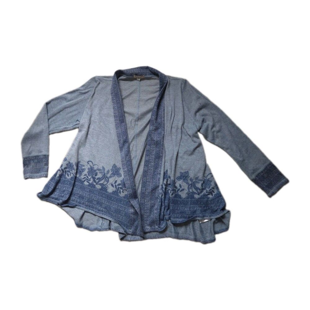 One World Blue Floral Border Print Open Front Cardigan Tunic Top Womens XL EUC